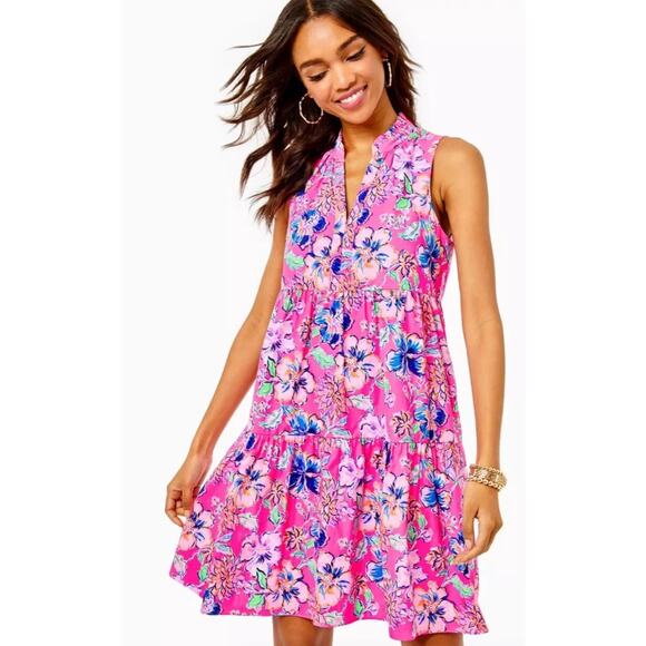 Lilly Pulitzer Novella Dress in Pink Isle Last Bud Not Least Pockets Size Medium - Picture 1 of 13